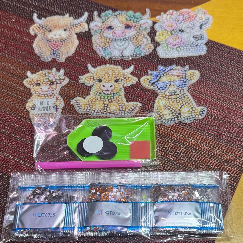 6 colorful  highland cow Diamond Painting magnet kit